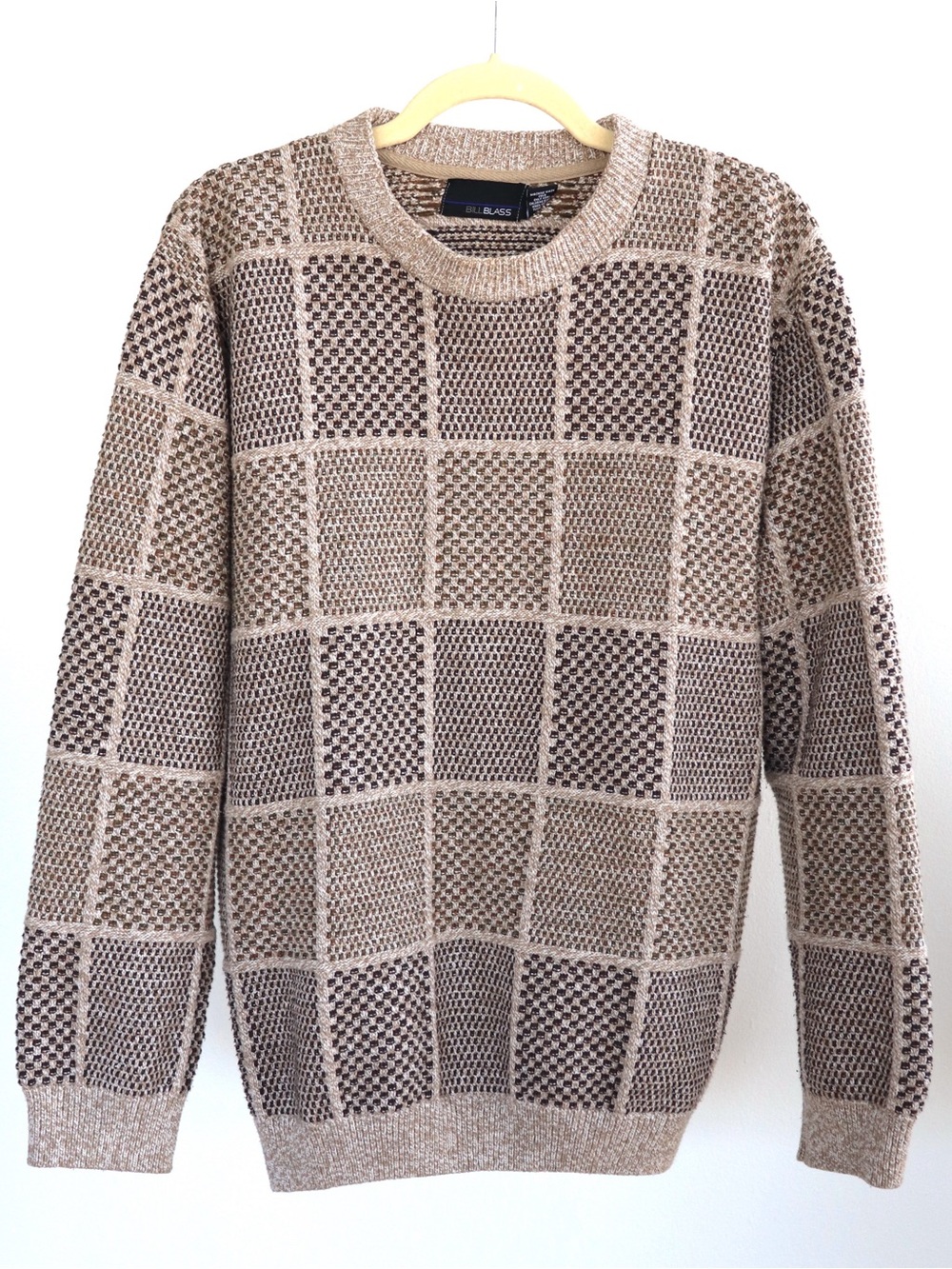 Bill Blass Vintage Hand Knit Patchwork Chunky Sweater Tan/Brown Women’s Large